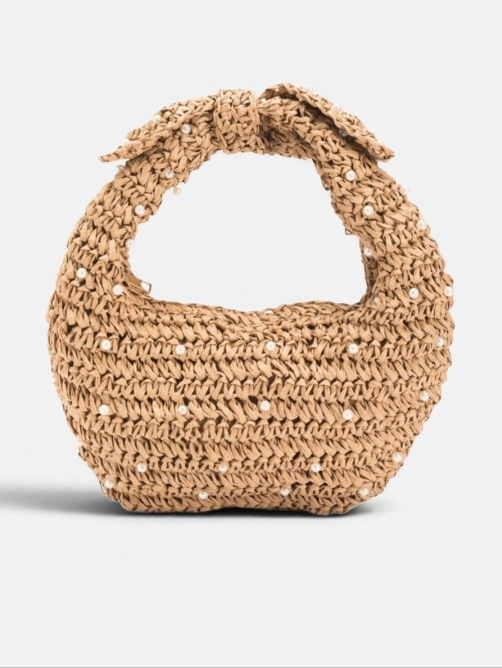 Haute Hippie Viral Faux Pearl Beaded Straw Crochet Croissant Hobo Bag In Tan
